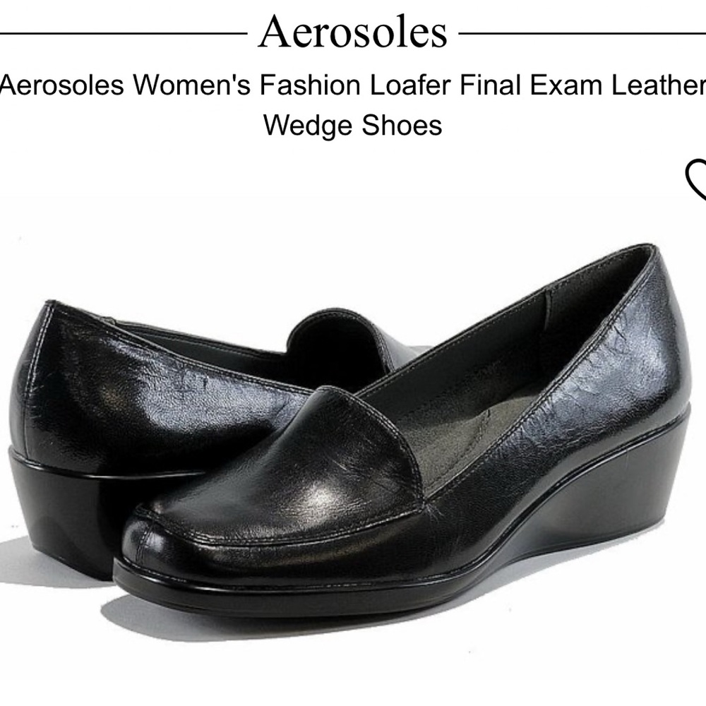 AEROSOLES Women's Black Leather Wedge Loafers